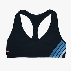 Aviator Nation V-Cut Black Sports Bra with Blue Stripes - Adult Small